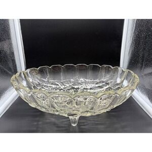 Vintage Glass Footed Serving Bowl Embossed Fruit Floral Design Scalloped Edge